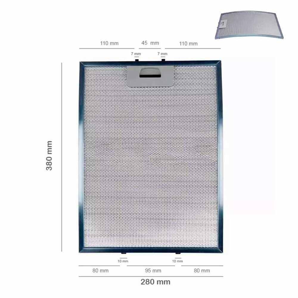 Un filtro de malla metálica con dimensiones etiquetadas. Tiene un asa en la parte superior y es rectangular, con medidas anotadas.