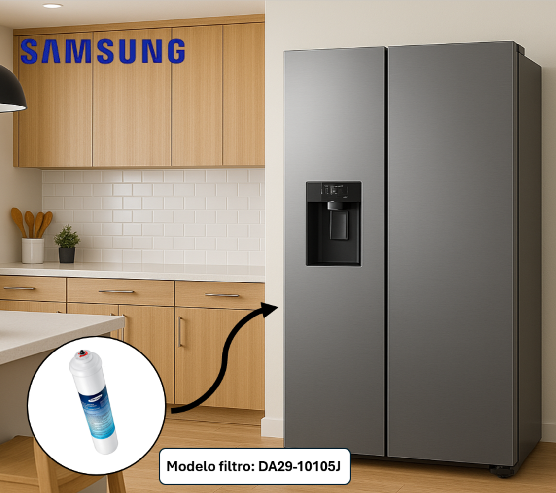 Un refrigerador gris Samsung en una cocina. Se muestra un filtro, modelo DA29-10105J. Cocina con gabinetes de madera.
