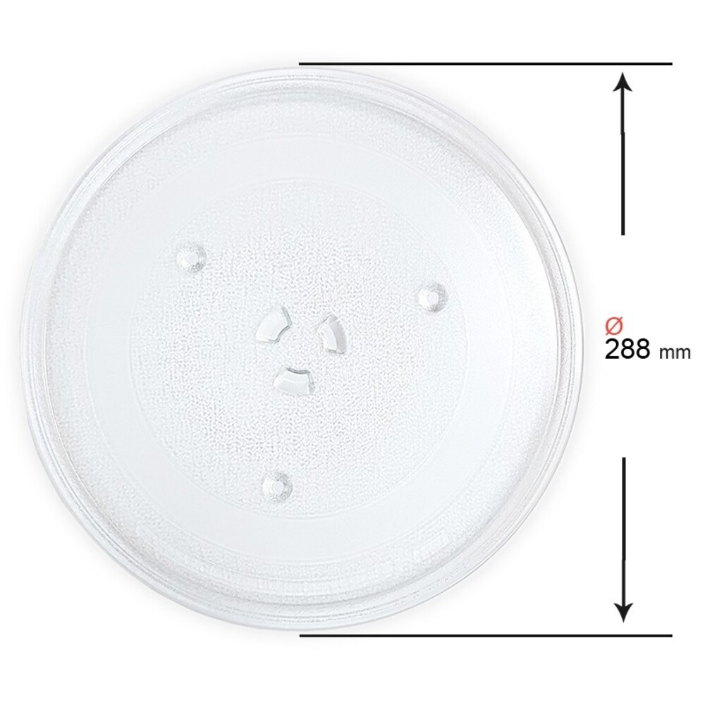 Plato de microondas circular transparente con tres agujeros pequeños y un diseño central. Flechas indican un diámetro de 288 mm.