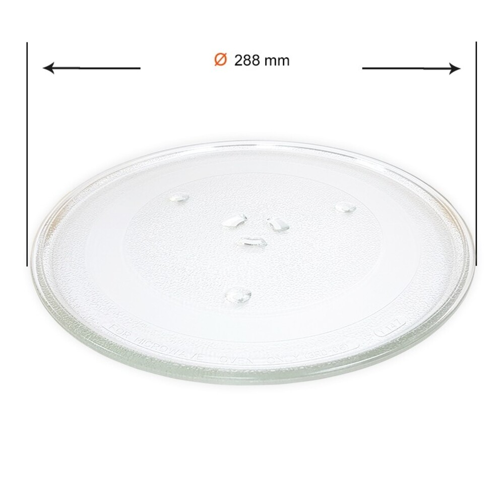 Un plato de vidrio transparente y redondo para microondas. Tiene 288 mm de diámetro. El texto indica que es para uso en microondas.