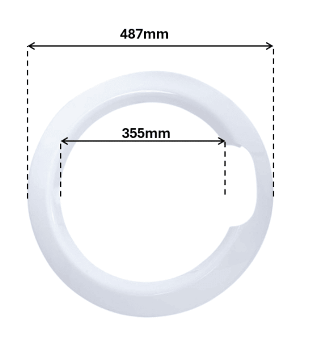 Un objeto blanco y circular con dos medidas: 487 mm de ancho y 355 mm de diámetro. Las medidas se indican con flechas y líneas.