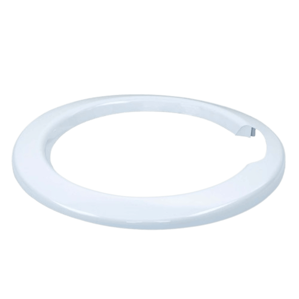 Un objeto blanco, circular, con una abertura, posiblemente un componente de iluminación, sobre un fondo verde.