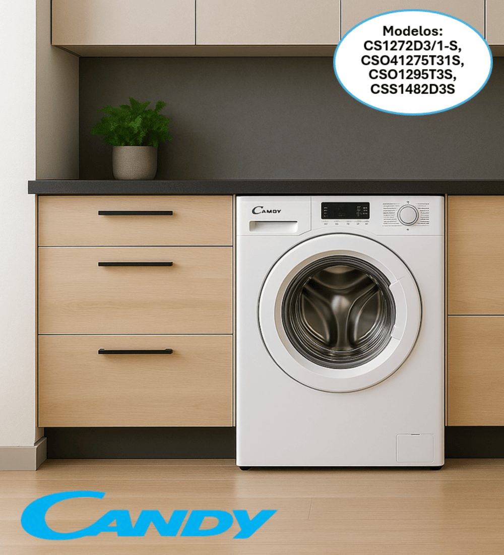 Una lavadora Candy blanca en una cocina. Armarios de madera la rodean, una planta en la encimera y el logotipo de Candy visible.