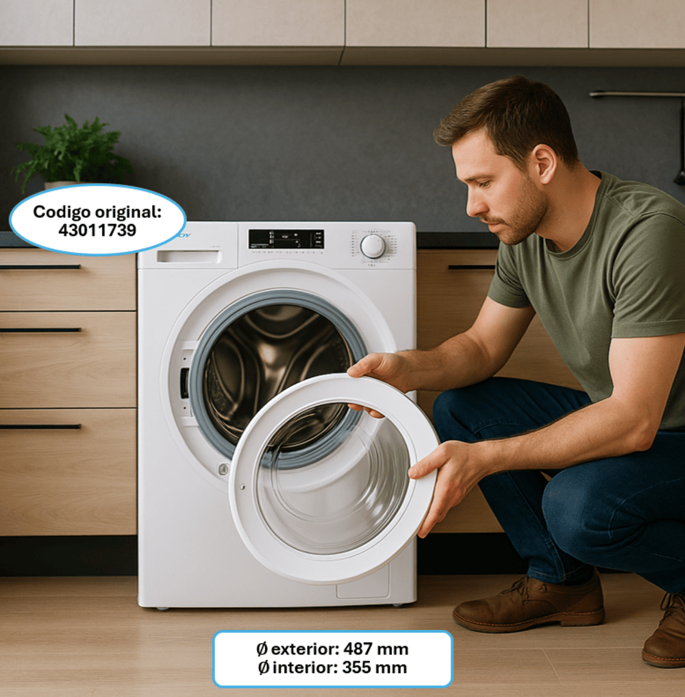 Un hombre sostiene la puerta de una lavadora blanca. Está arrodillado. El fondo tiene un mueble de cocina y una planta.