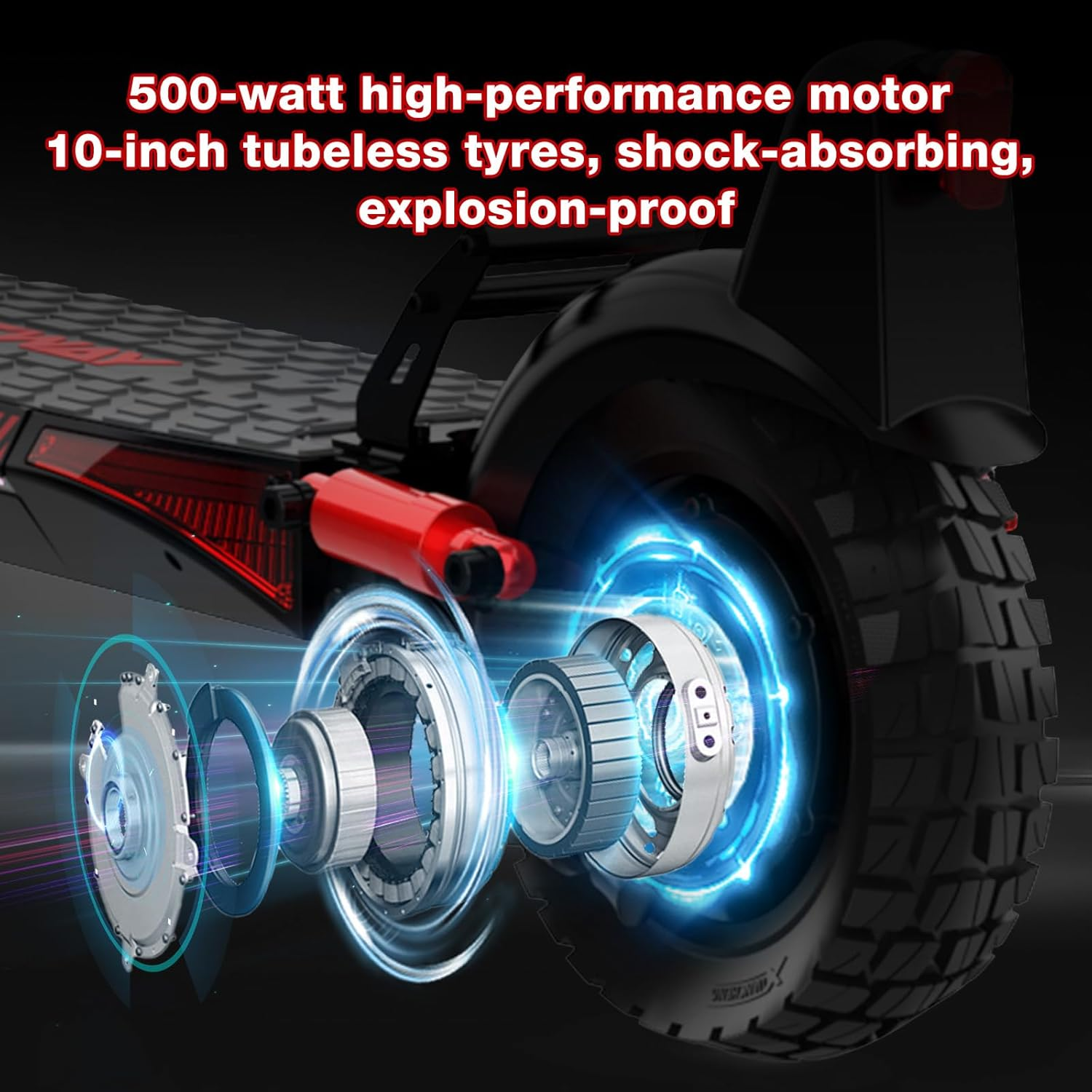 Eksplodowany widok koła skutera elektrycznego, podkreślający jego elementy. Tekst u góry mówi: silnik 500 W, opony bezdętkowe 10 cali.