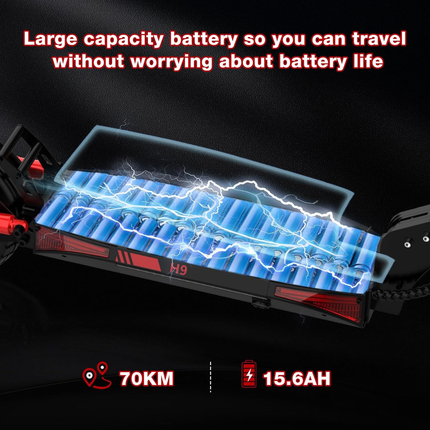 Zestaw akumulatorów do skutera elektrycznego o zasięgu 70 km i pojemności 15,6 Ah. Tekst: Bateria o dużej pojemności, abyś mógł podróżować.