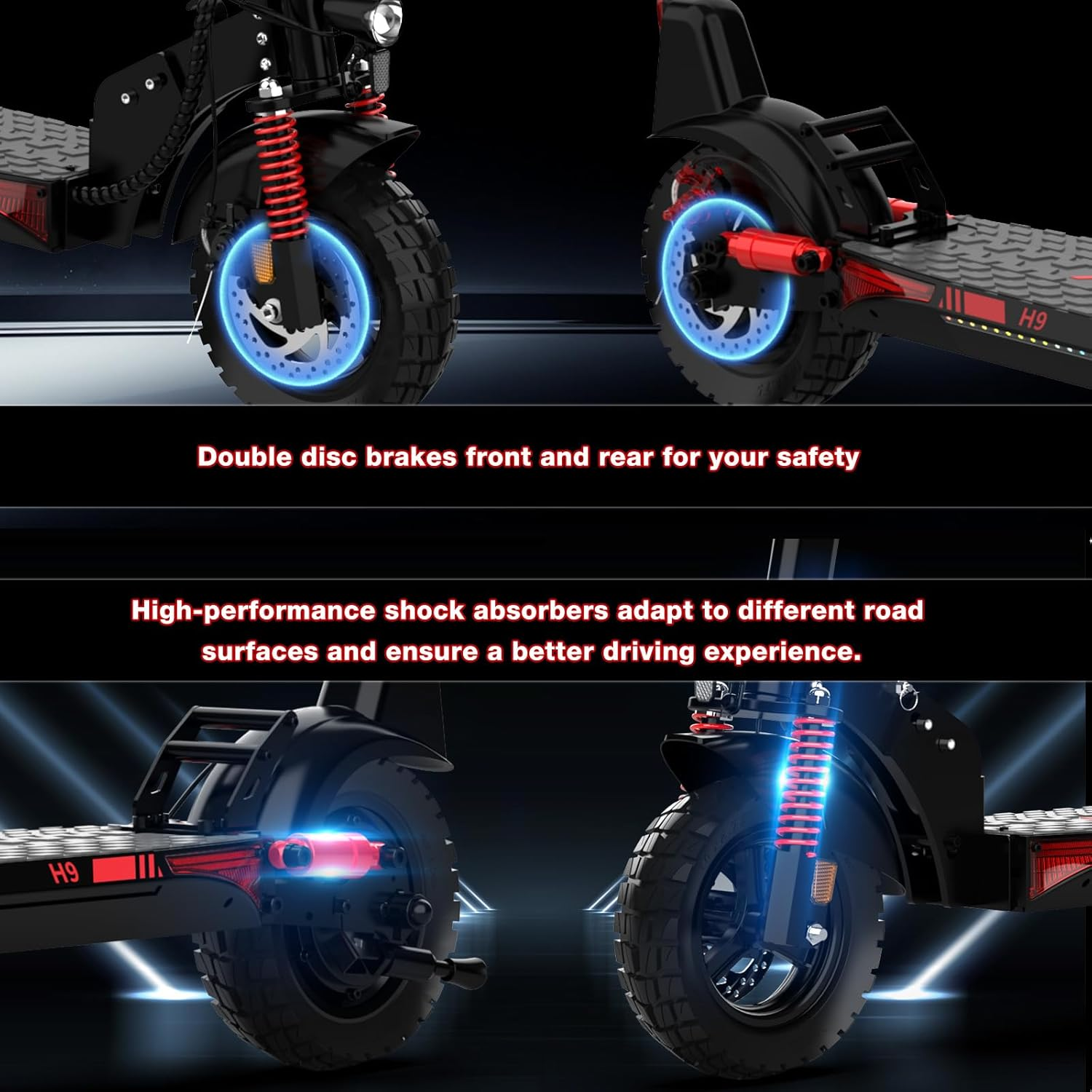 Czarny skuter elektryczny z czerwoną amortyzacją i niebieskimi hamulcami tarczowymi. Tekst podkreśla podwójne hamulce tarczowe i amortyzatory.