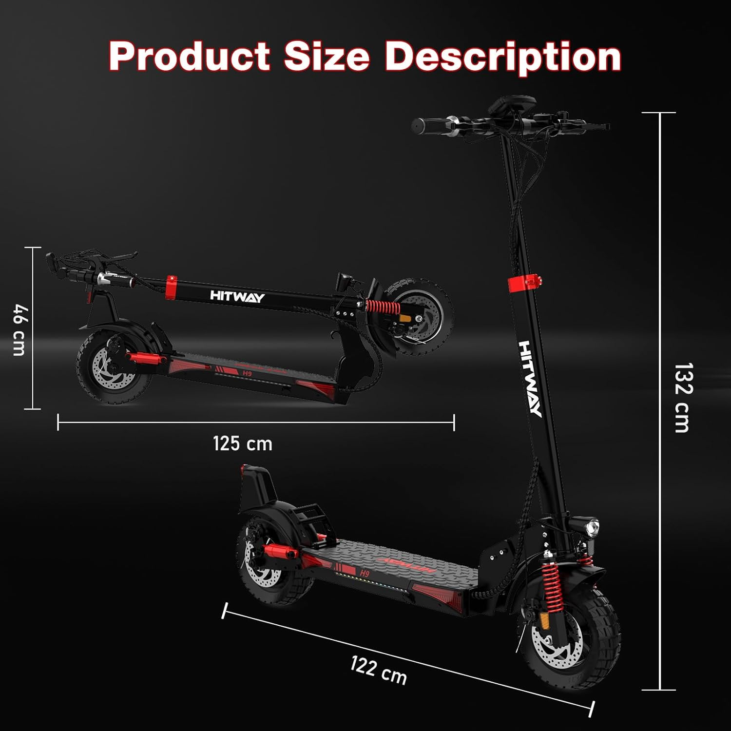 Obraz przedstawia dwa czarne skutery Hitway z opisami rozmiarów. Jeden ma 125 cm długości, 46 cm wysokości. Drugi ma 122 cm długości, 132 cm wysokości.