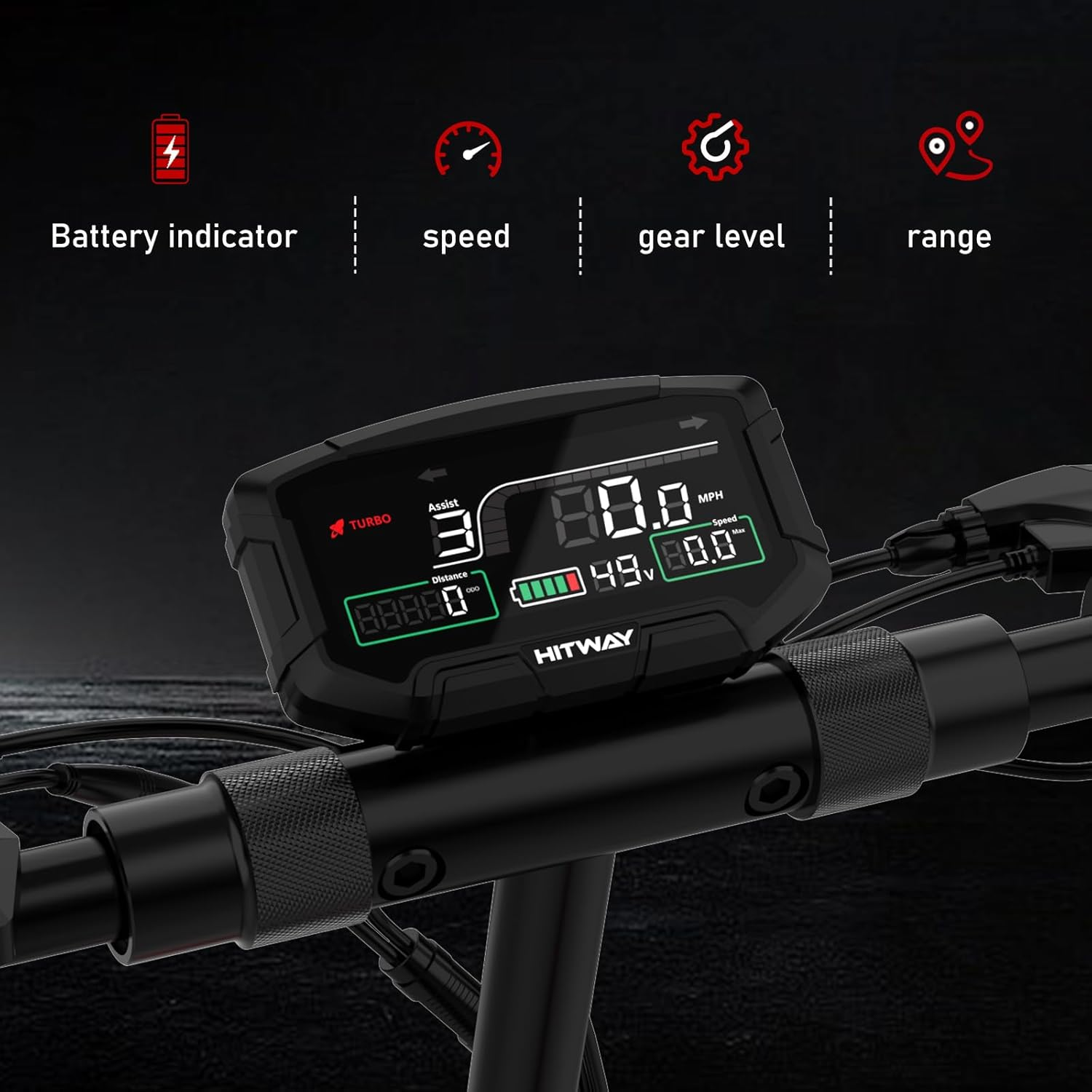 Wyświetlacz hulajnogi elektrycznej pokazuje prędkość, dystans i baterię. Obecne są ikony baterii, prędkości, biegu i zasięgu.