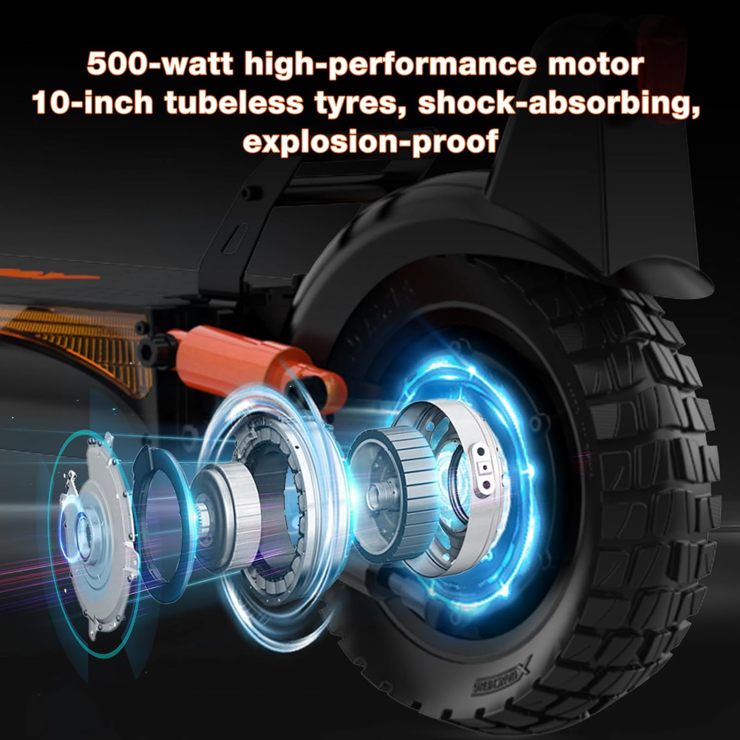 Zbliżenie koła skutera, z zaznaczeniem silnika i szczegółów opony. Nakładka tekstowa: silnik 500 W, opony bezdętkowe, amortyzacja wstrząsów.