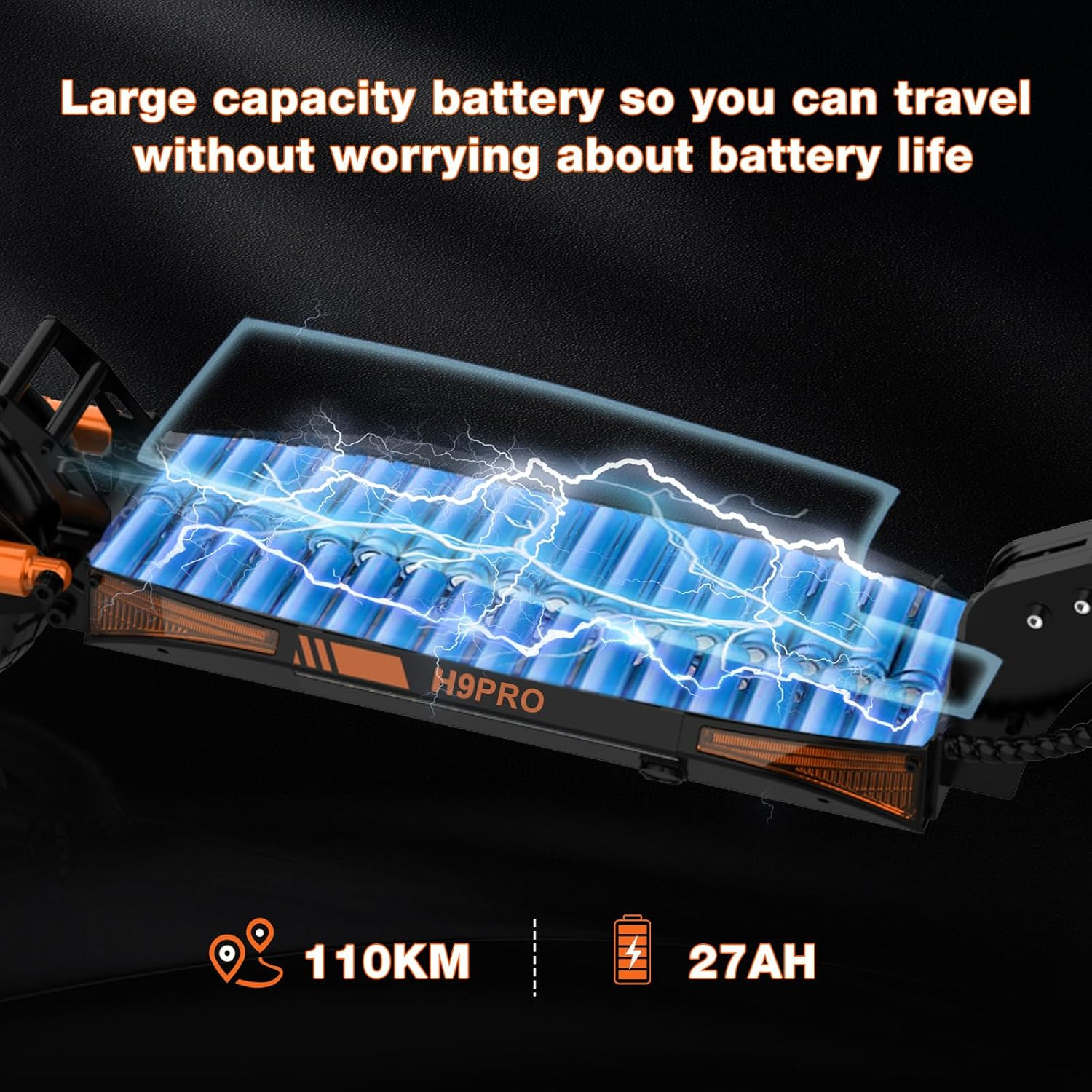 Akumulator do skutera elektrycznego. Tekst: Duża pojemność, 110KM, 27AH. Marka to H9PRO.