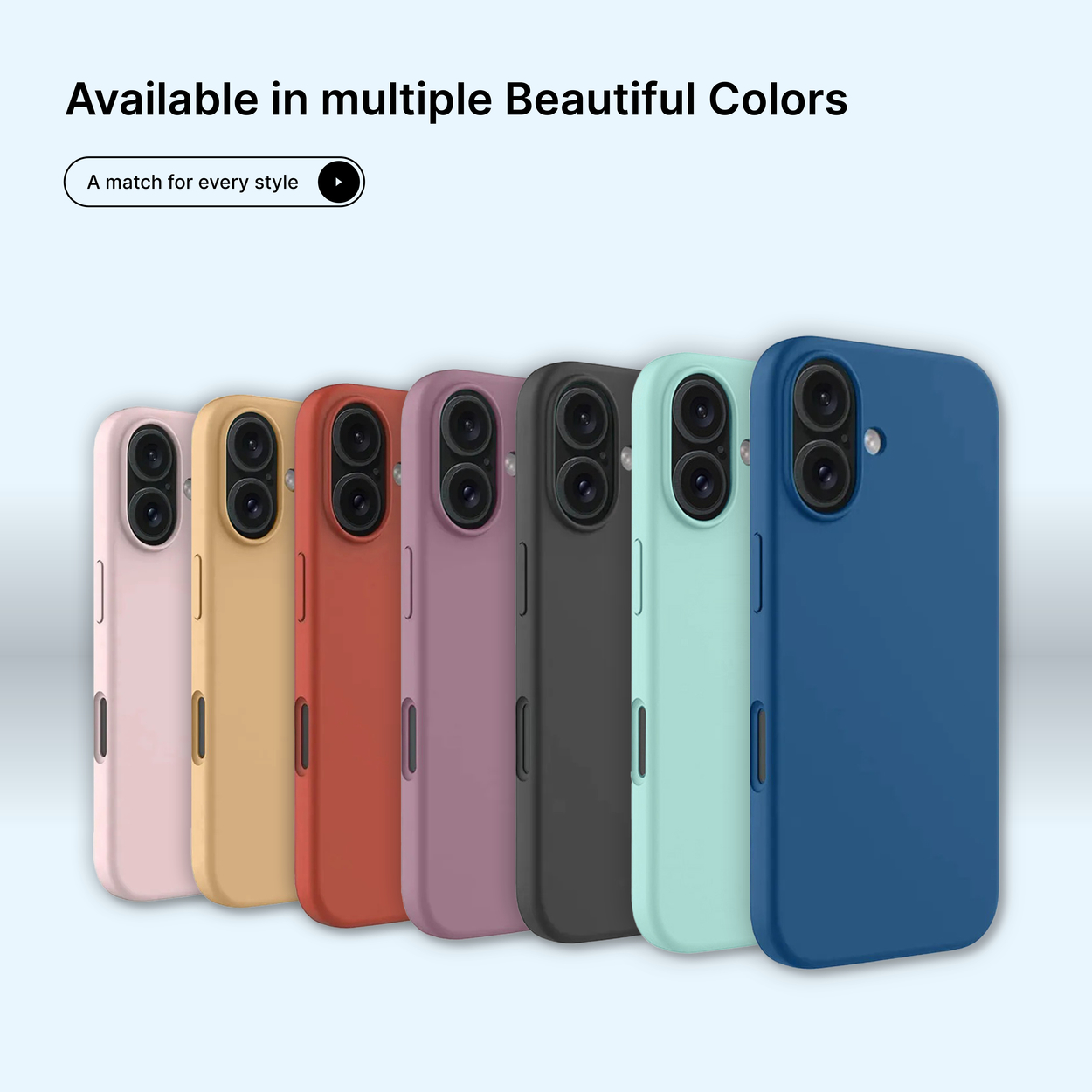 L'image présente des coques de téléphone de différentes couleurs, dont rose, jaune, rouge, violet, noir, menthe et bleu, sur fond bleu clair.