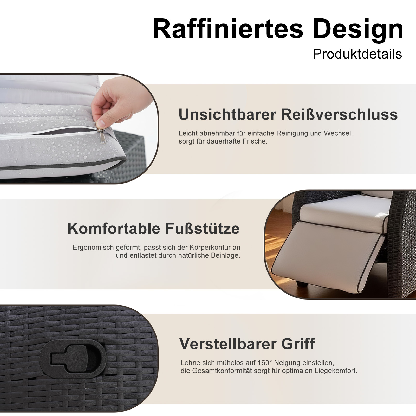 Das Bild zeigt einen Stuhl mit unsichtbarem Reißverschluss, bequemer Fußstütze und verstellbarem Griff.