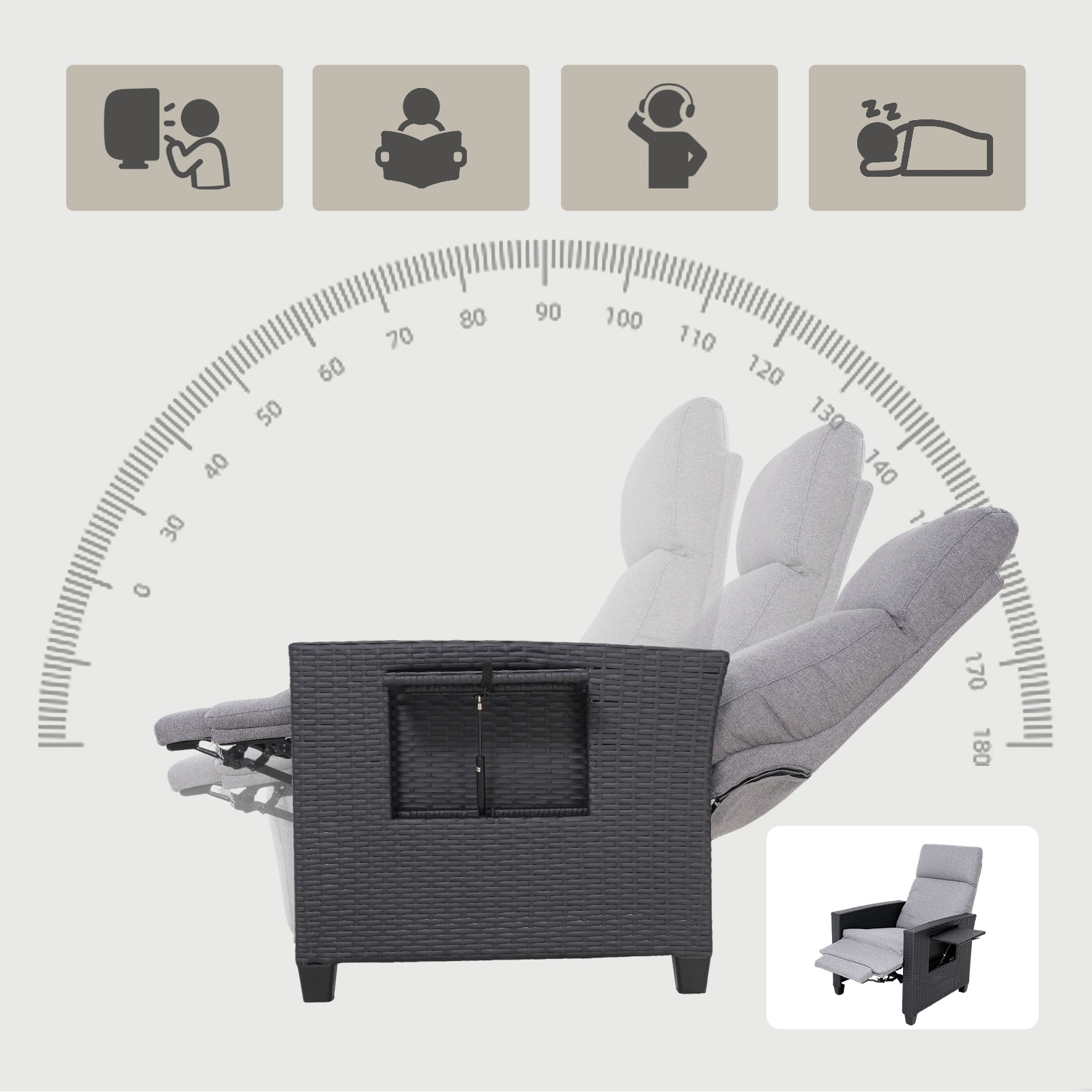 Una silla reclinable gris con marco tejido negro se muestra en diferentes ángulos, e iconos que muestran actividades están arriba.