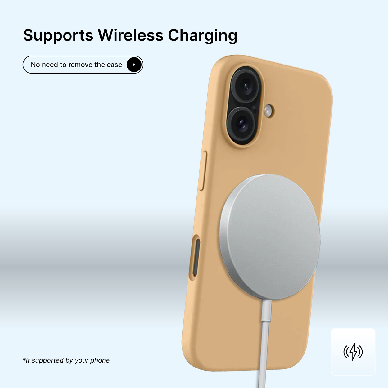 Un téléphone dans une coque jaune se recharge sans fil. Un chargeur argenté est attaché à l'arrière du téléphone.