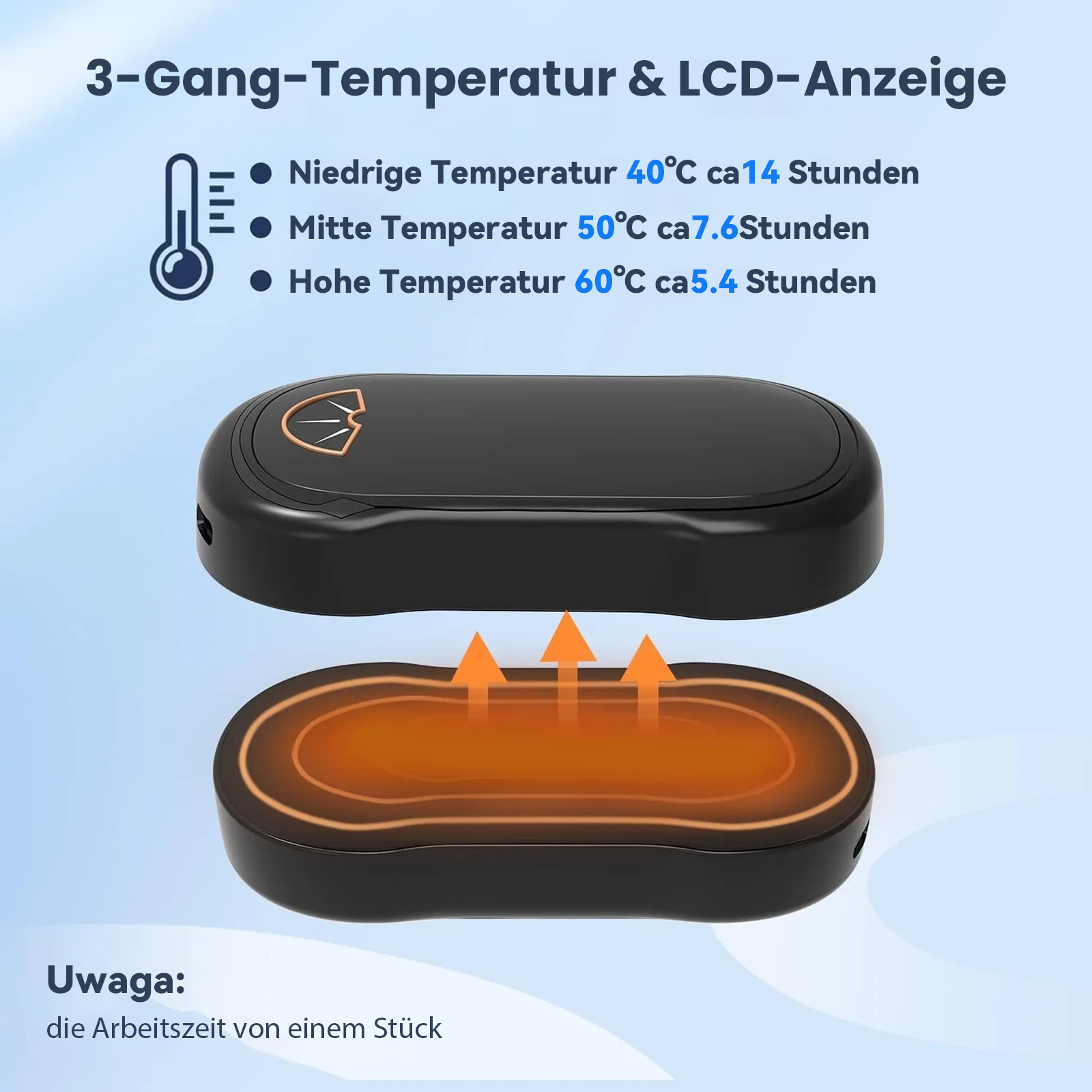 Schwarzes Gerät mit Temperatureinstellungen: niedrig 40°C, mittel 50°C, hoch 60°C. Orangefarbene Pfeile zeigen Wärme an.
