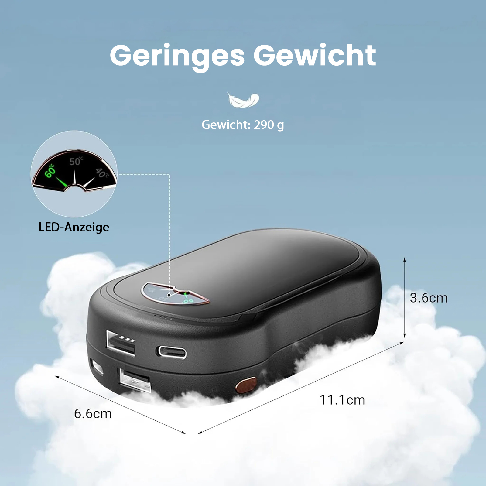 Schwarze Powerbank mit Abmessungen, Temperaturanzeige und Gewichtsangaben. Mit USB-Anschluss und Power-Taste.
