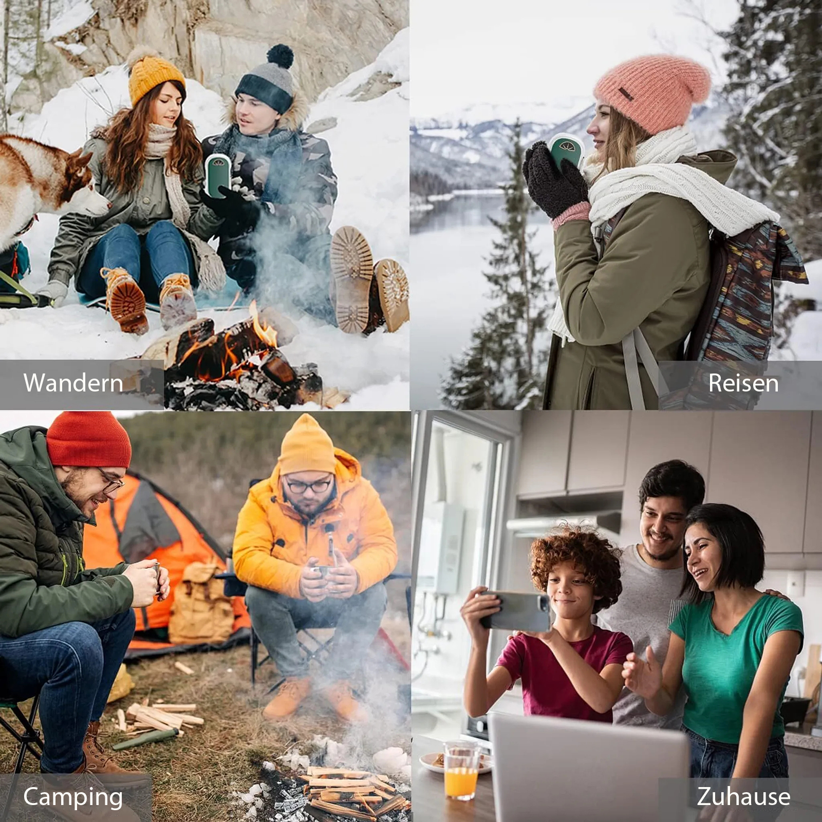 Vier Szenen: Menschen beim Wandern, Reisen, Camping und zu Hause, die jeweils einen kleinen, grünen Handwärmer benutzen.