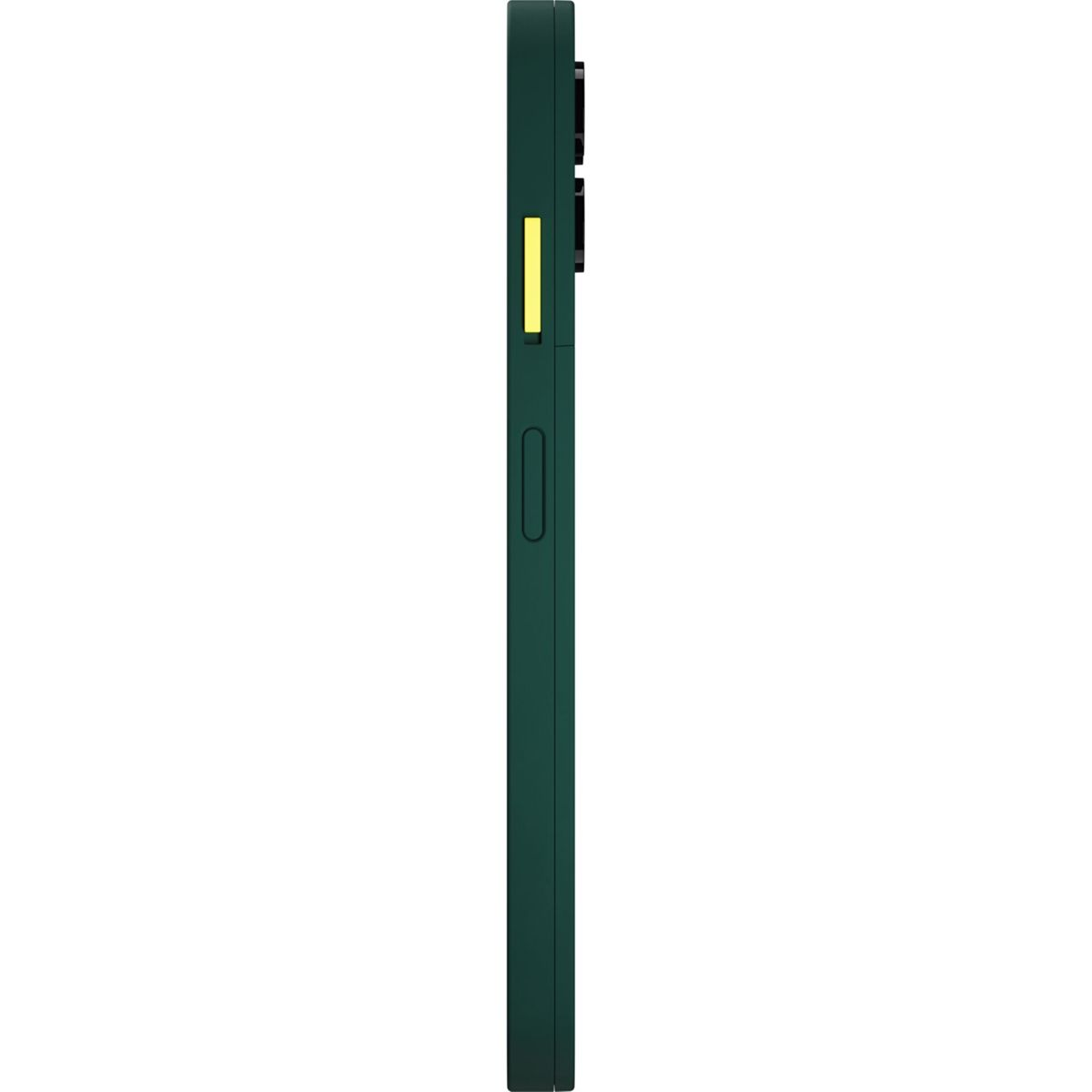 Vista laterale di una custodia per telefono verde scuro. C'è un pulsante del volume e un pulsante di accensione/spegnimento e una fotocamera. Lo sfondo è bianco.