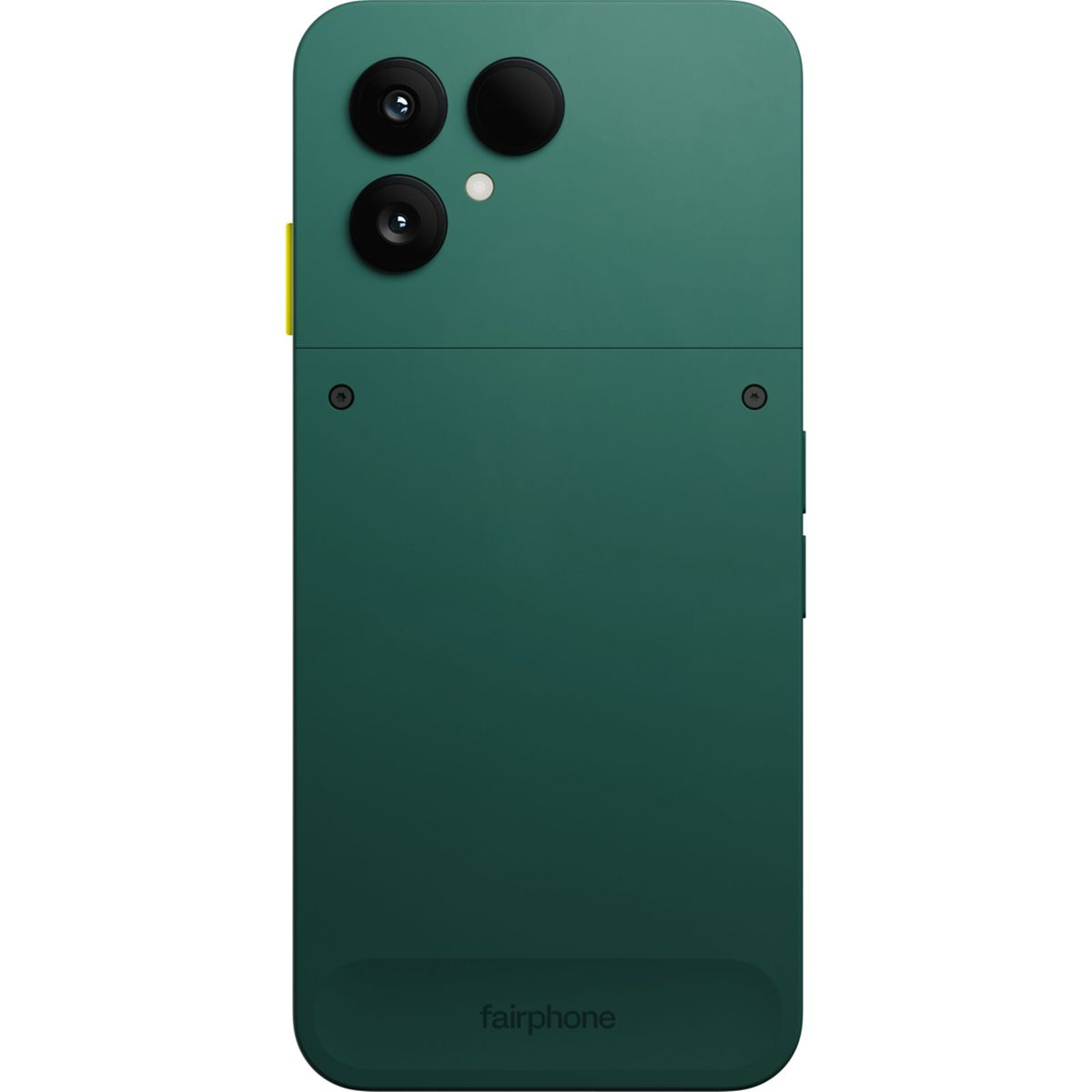 Fairphone verde. Tre obiettivi. Pulsante di accensione giallo. Logo 'fairphone' in basso.