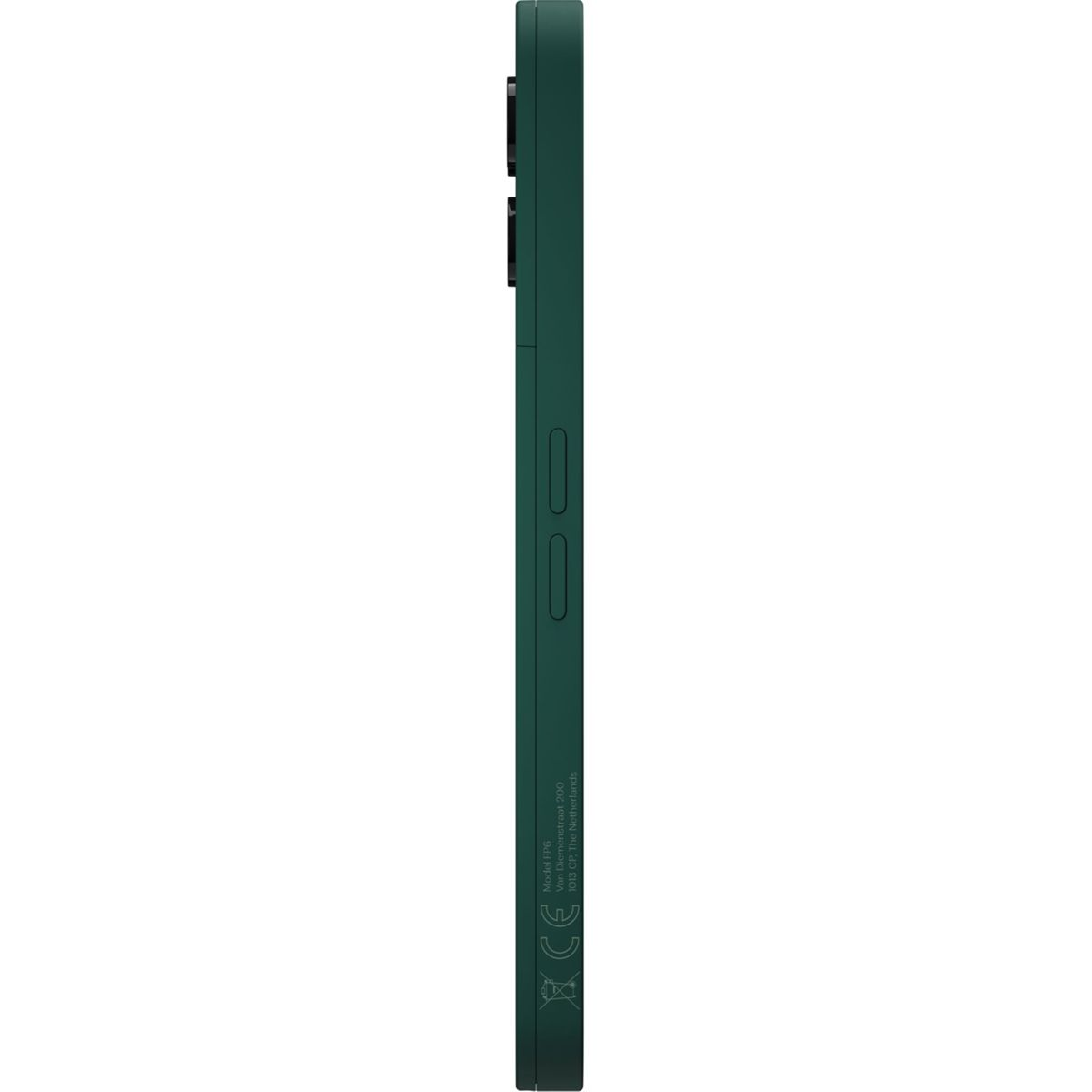 Vista laterale di uno smartphone verde scuro. Il telefono ha un modulo fotocamera, pulsanti e testo con modello e indirizzo.