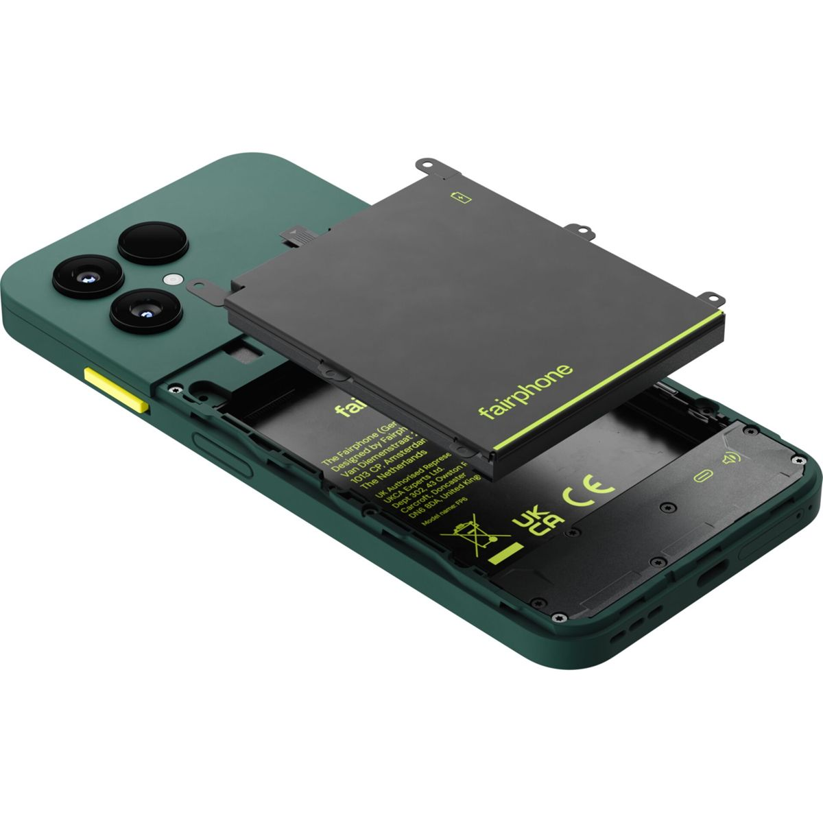 Un Fairphone verde con batteria nera è smontato, mostrando i componenti interni. La batteria ha il logo Fairphone e dettagli verdi.