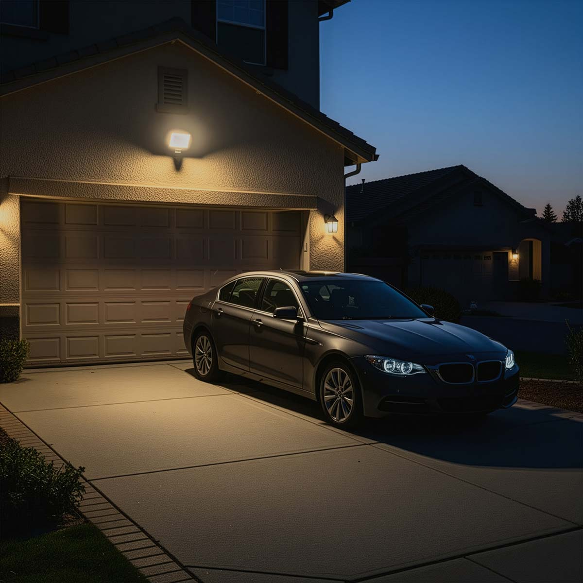 Een donkergrijze auto geparkeerd op een verlichte oprit voor een huis met garagedeuren. Avondscène met huisverlichting aan.