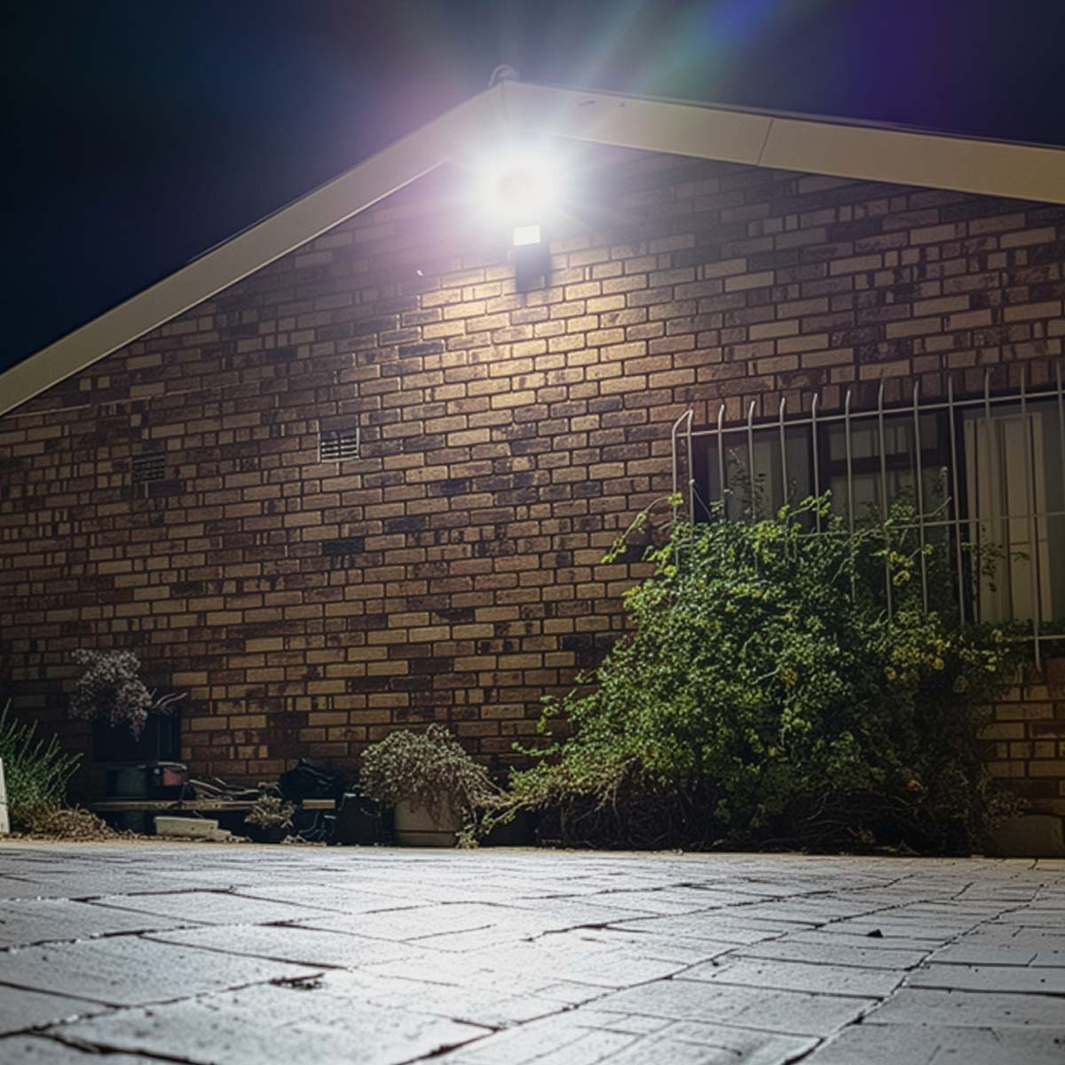Nachtopname van een bakstenen gebouw met fel licht. Een terras met planten ervoor en een raam met metalen staven.