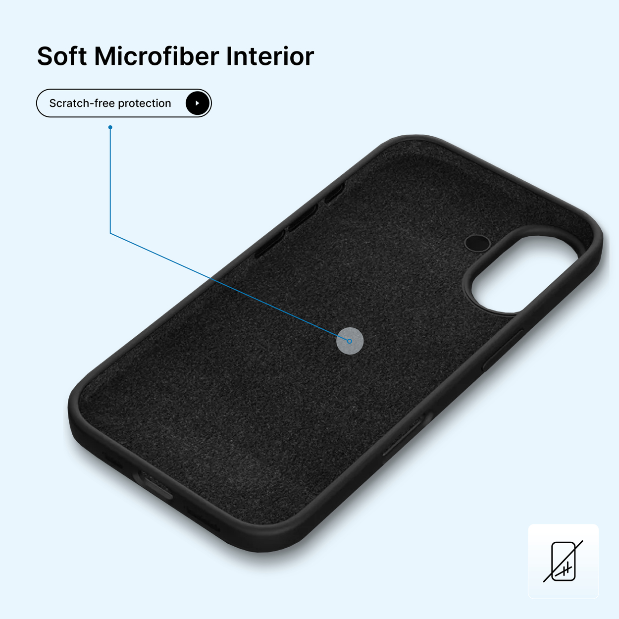 Intérieur de coque de téléphone noire. Il est fabriqué en microfibre douce et offre une protection sans rayures. Un fond bleu clair est présent.