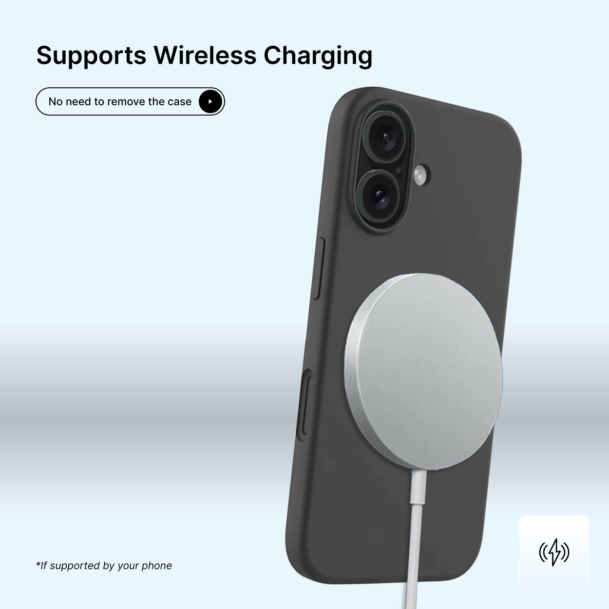 Un étui de téléphone noir avec un chargeur sans fil argenté attaché. Le texte indique 'Prend en charge la charge sans fil'.