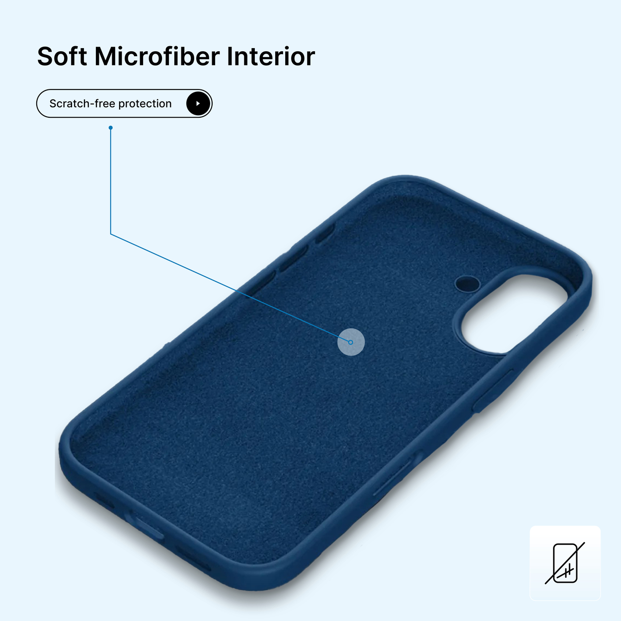 Intérieur d'une coque de téléphone bleu foncé. Le texte supérieur indique « Soft Microfiber Interior ». Il a une doublure douce et anti-rayures.