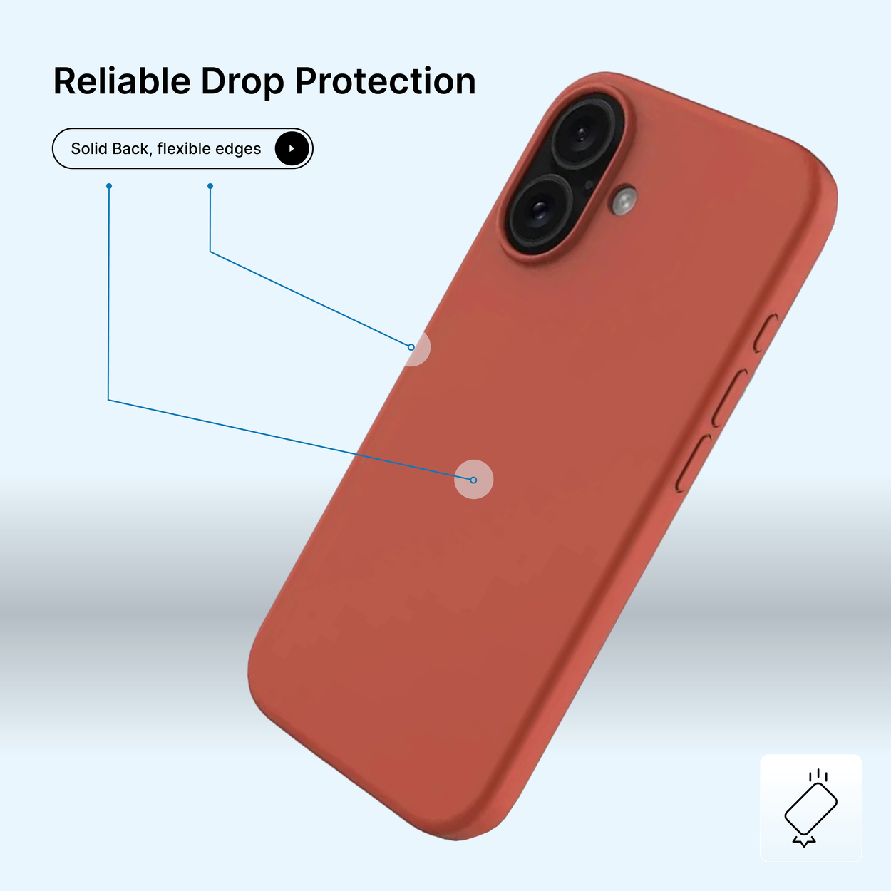 Un étui de téléphone rouge avec une découpe pour l'appareil photo est présenté. Il a des bords flexibles et un dos solide, avec une étiquette de protection contre les chutes.