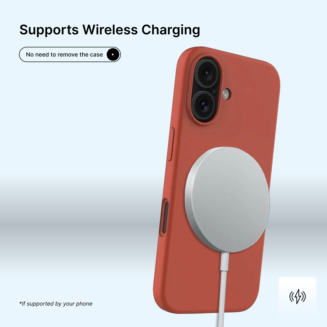 Une coque de téléphone rouge avec un chargeur magnétique argenté attaché. Le texte en haut indique 'Prend en charge la charge sans fil'.