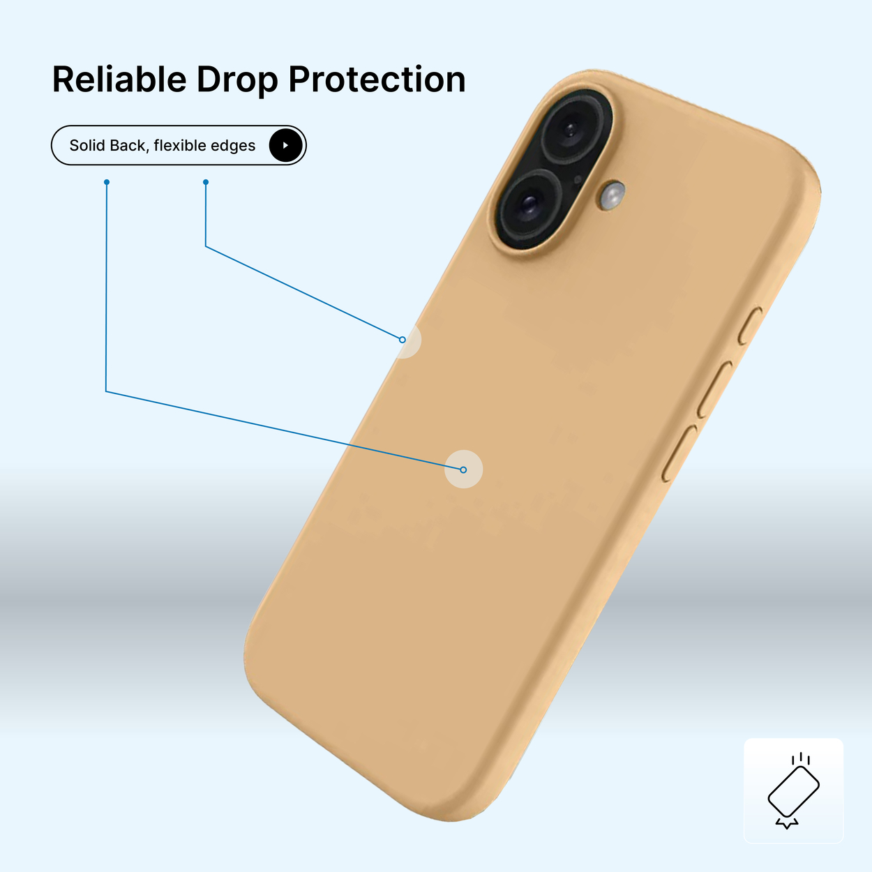 Un étui beige avec caméra double. Le texte décrit la protection contre les chutes. Lignes montrent l'arrière et les bords flexibles.