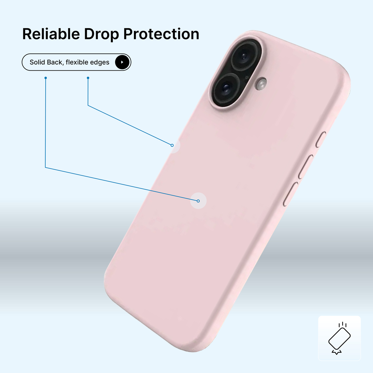 Une coque de téléphone rose avec une configuration à double caméra. Texte : 'Protection fiable contre les chutes' et 'Dos solide, bords flexibles'.