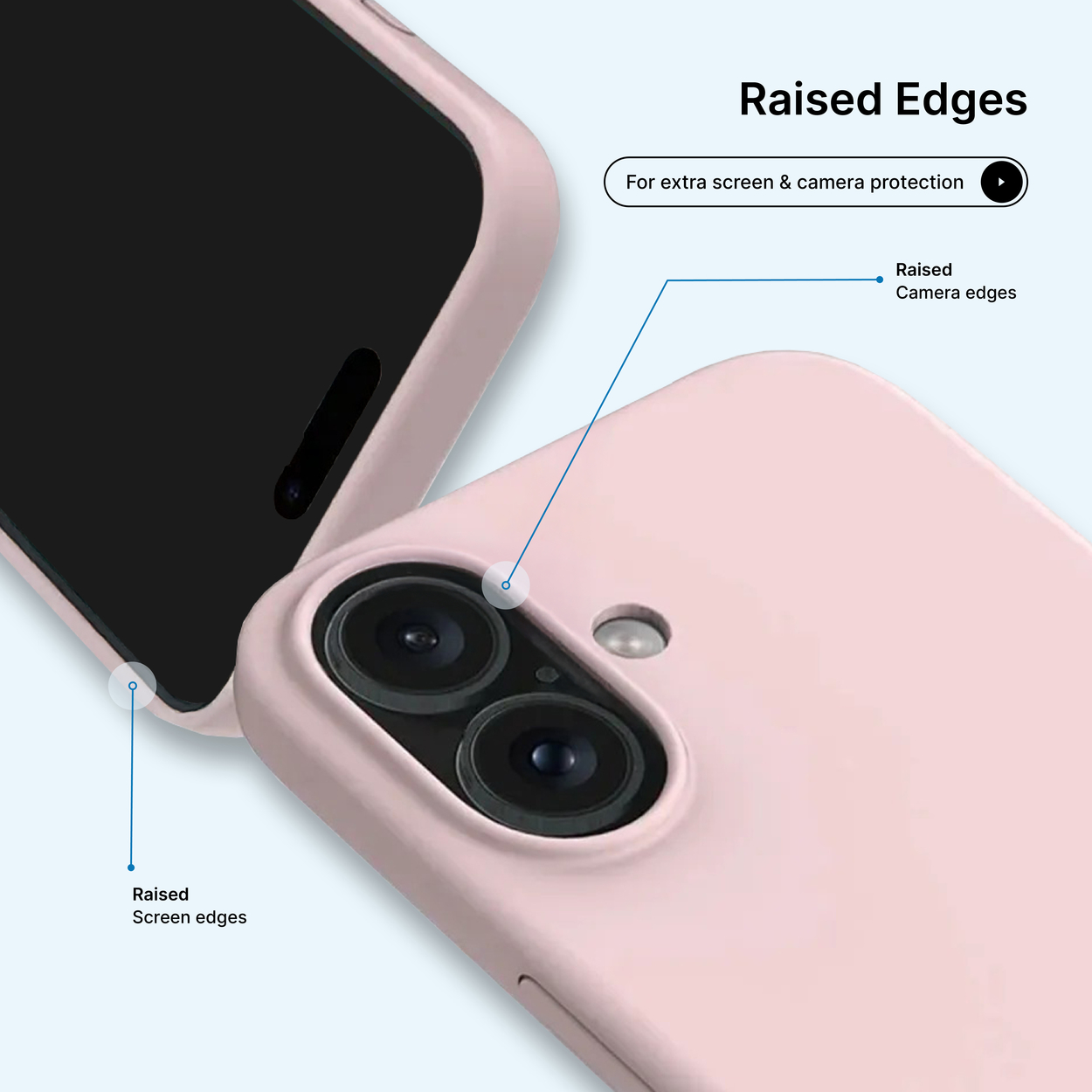 Une coque de téléphone rose montrant des bords surélevés pour la protection de l'écran et de la caméra. La coque a un écran noir et des découpes pour la caméra.