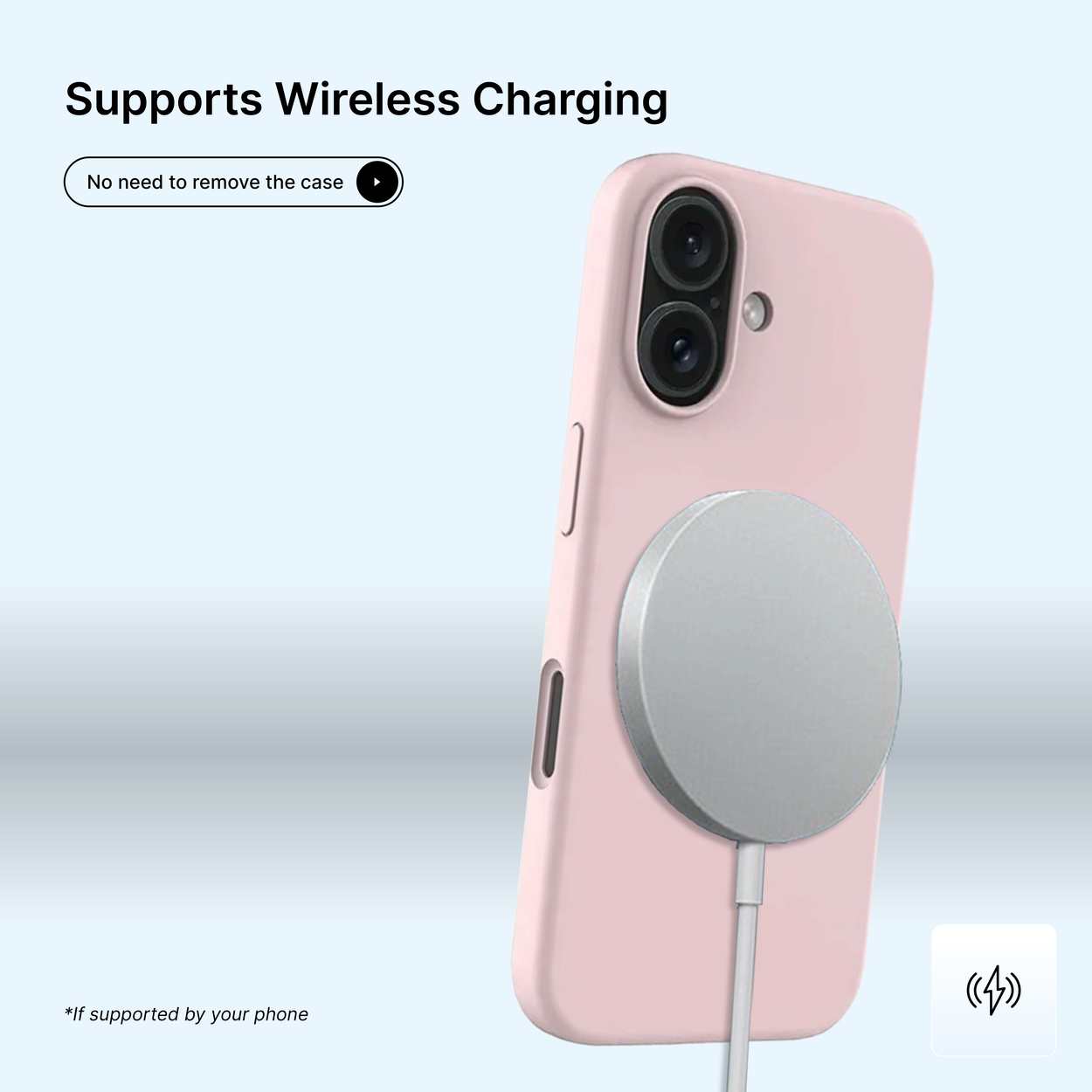 Une coque de téléphone rose avec un chargeur sans fil argenté. Le téléphone charge. Le texte dit 'Prend en charge le chargement sans fil'.