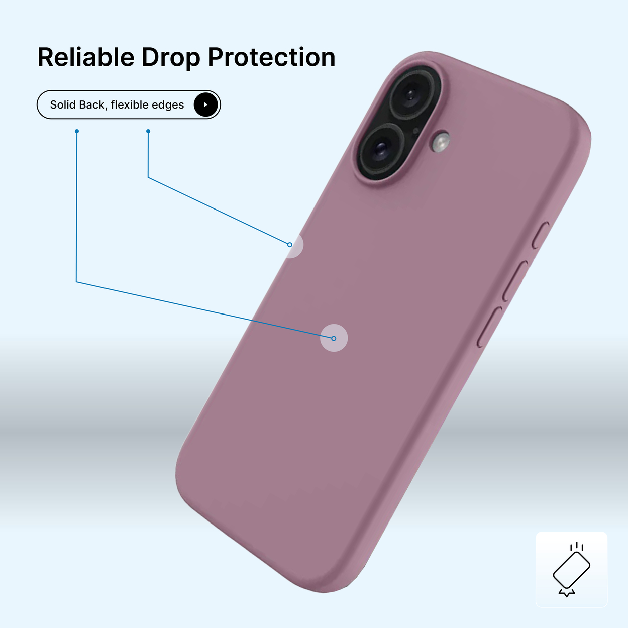 Une coque de téléphone mauve avec deux objectifs d'appareil photo. Le texte indique 'Protection fiable contre les chutes' et 'Dos solide, bords flexibles'.
