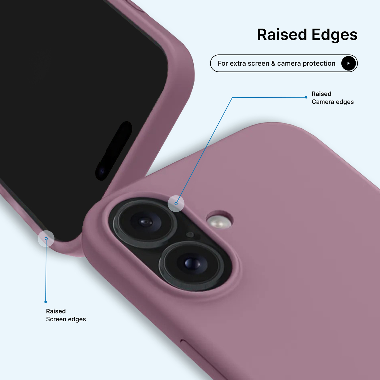 Gros plan sur une coque de téléphone avec des bords surélevés pour la protection de l'écran et de l'appareil photo. La coque est mauve, avec des détails de caméra et d'écran.