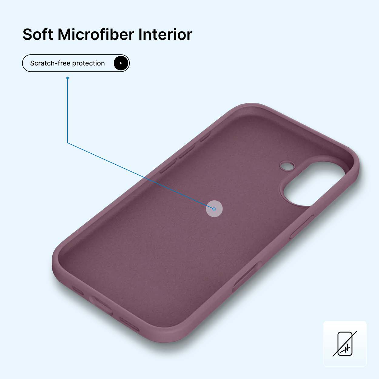 Une coque de téléphone bordeaux avec intérieur lisse. Le texte indique 'Intérieur en microfibre douce' et 'Protection anti-rayures'.