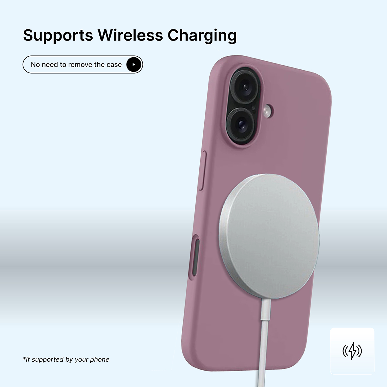 Une coque de téléphone mauve avec un disque de chargement blanc est connectée à un câble blanc. Le texte indique 'Prend en charge le chargement sans fil'.