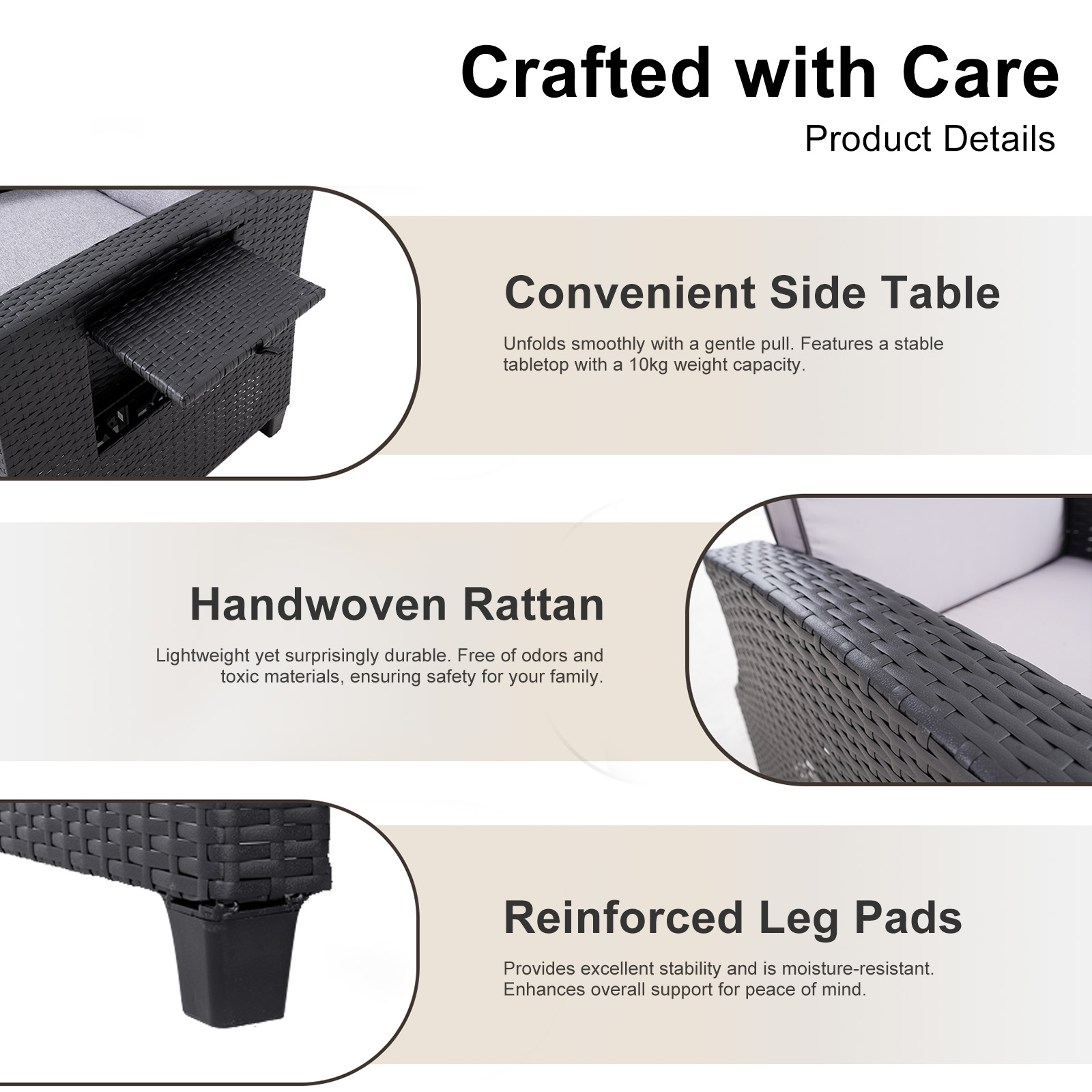 Ein schwarzes Outdoor-Möbelset aus Korbgeflecht mit ausziehbarem Tisch, handgewebtem Rattan und verstärkten Beinpolstern.