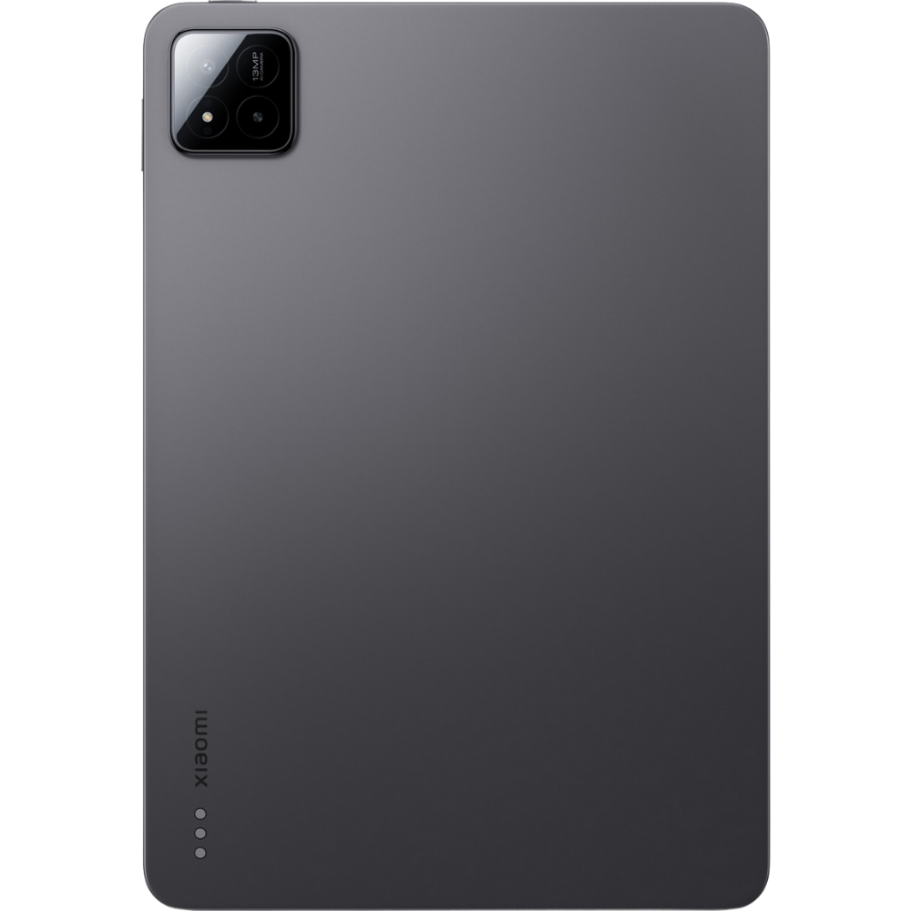 Sol üst köşede kamera modülü bulunan koyu gri bir tablet. Xiaomi logosu altta.