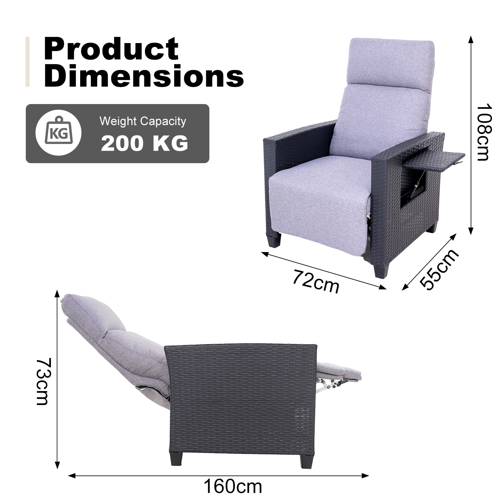 Un sillón reclinable para exteriores con cojines grises, dimensiones etiquetadas. Capacidad 200 kg. Dimensiones: 160cm x 72cm x 108cm.