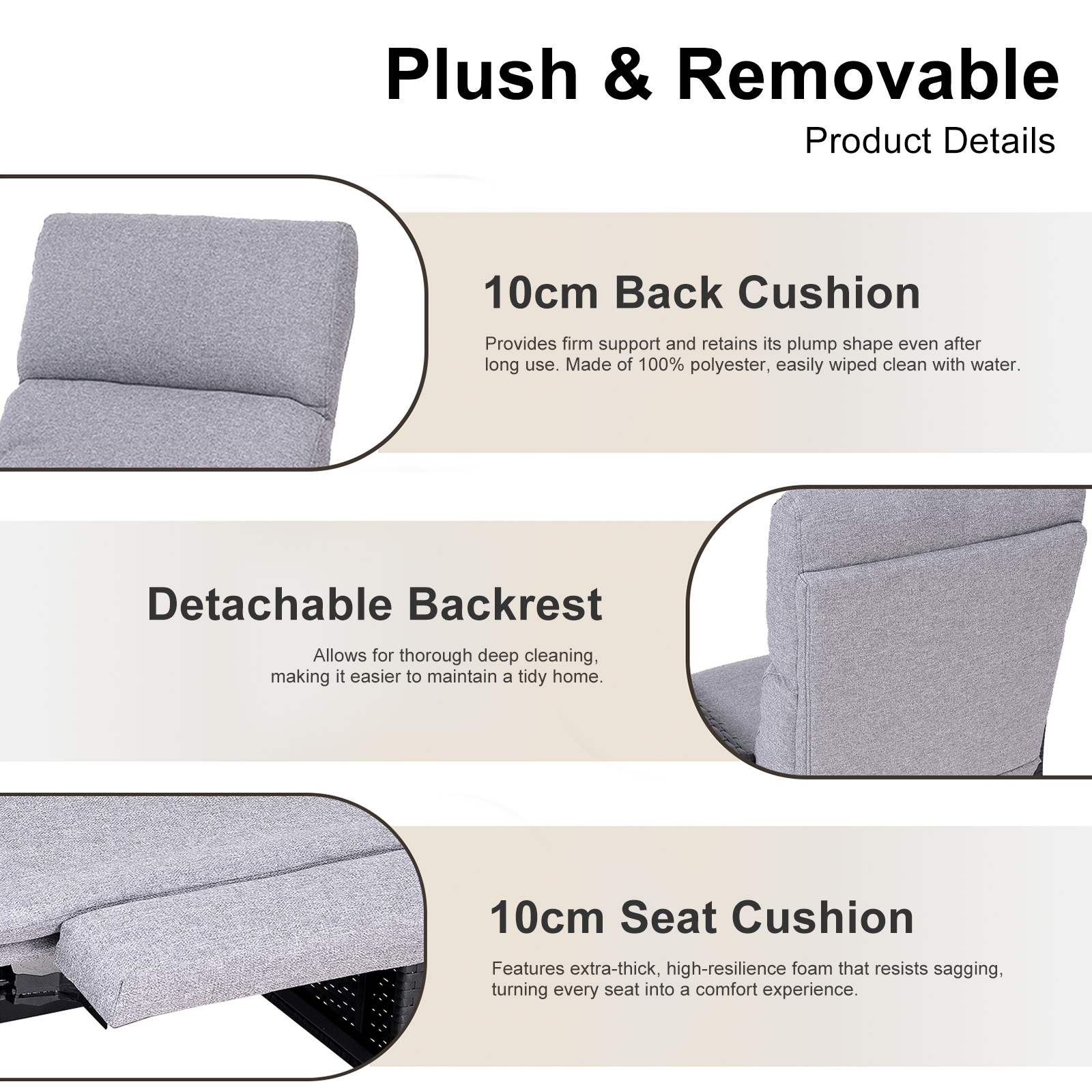 La imagen muestra las características de una silla: cojines de respaldo y asiento de 10 cm, hechos de poliéster y espuma de alta resiliencia, con respaldo extraíble.