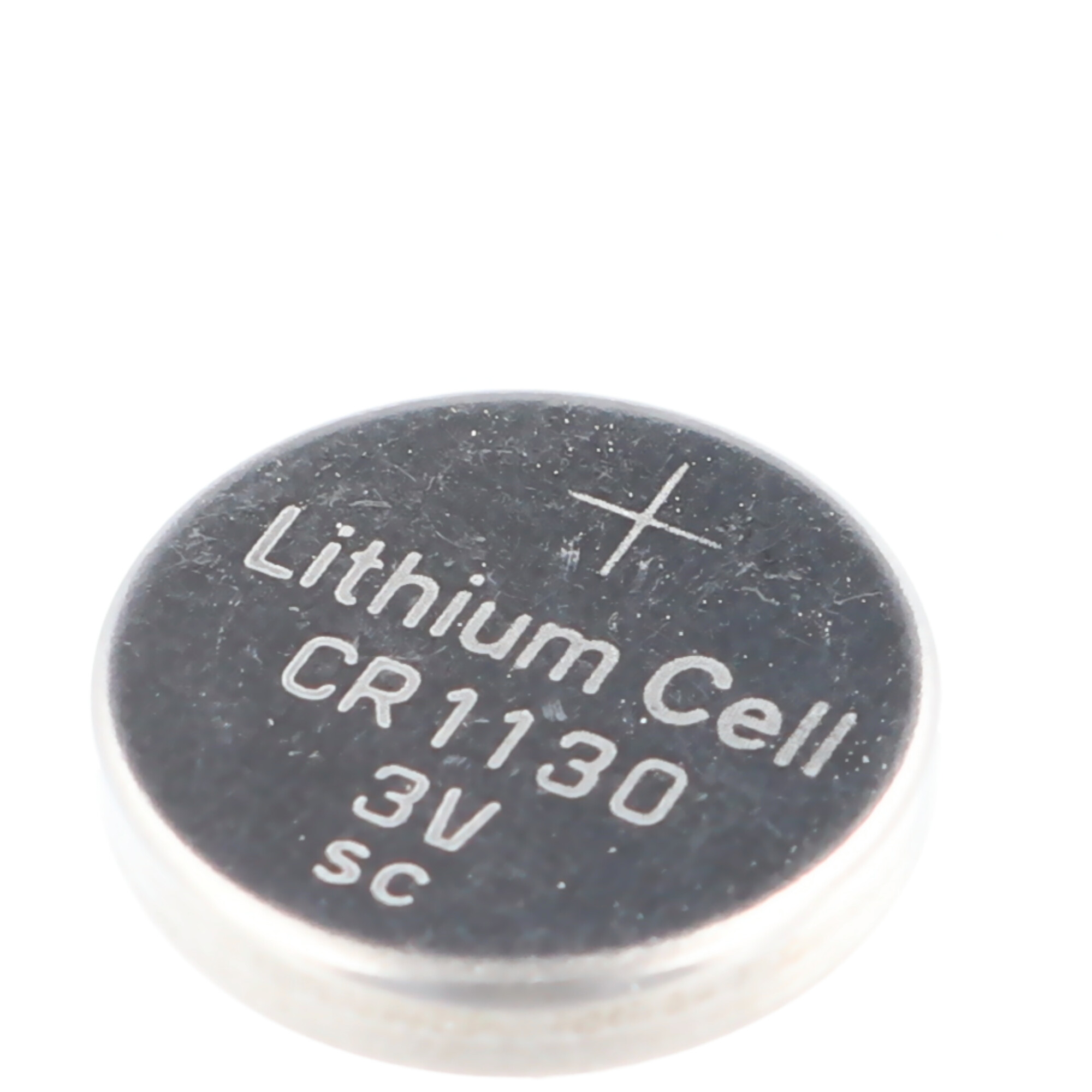 Nahaufnahme einer Lithium-Zellen-Batterie. Der Text darauf lautet: Lithium Cell CR1130 3V SC.