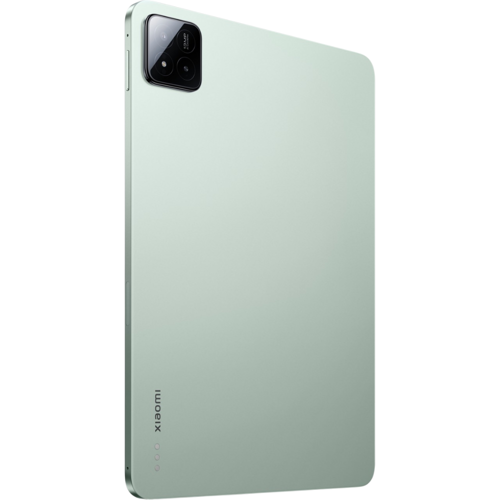Açık yeşil bir Xiaomi tablet. Sol üstte çift kamera kurulumu var. Xiaomi logosu yanda.