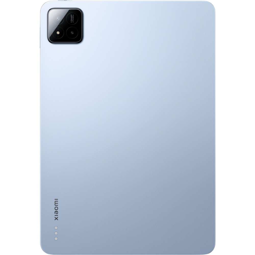 Açık mavi bir Xiaomi tableti. Sol üstte bir kamera modülü ve altta Xiaomi markası var.