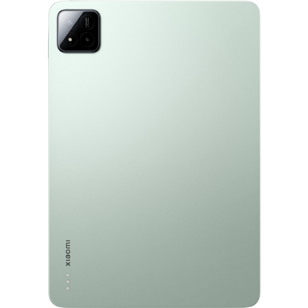 Yuvarlak köşeli açık yeşil bir tablet. Sol üstte bir kamera modülü var. Xiaomi logosu sol altta dikey olarak duruyor.