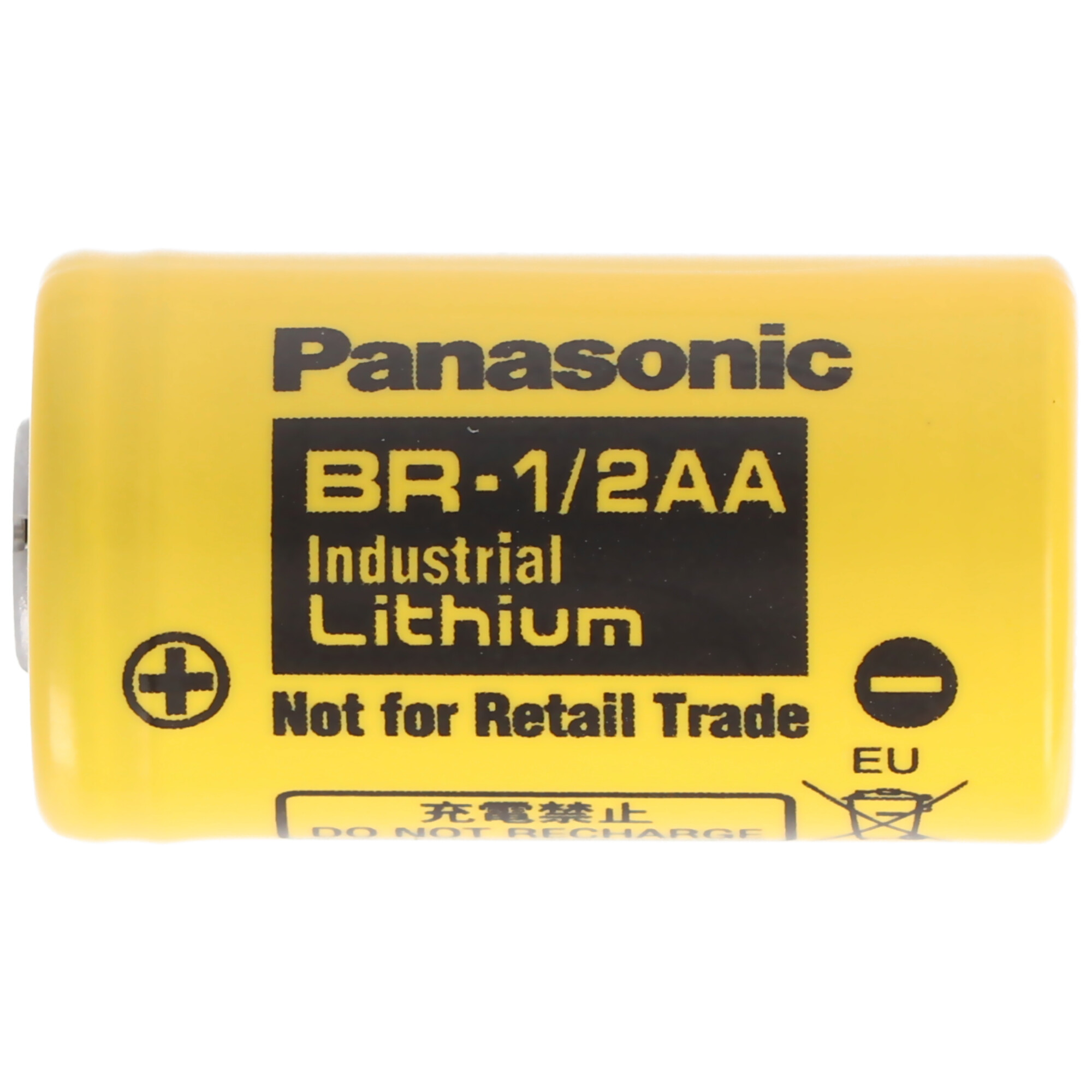 Sarı bir Panasonic BR-1/2AA Endüstriyel Lityum pili. Artı ve eksi sembolleri ve 'Şarj Etmeyin' uyarısı var.